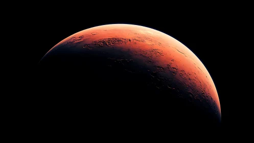 Crescent view of Mars with detailed cratered terrain.