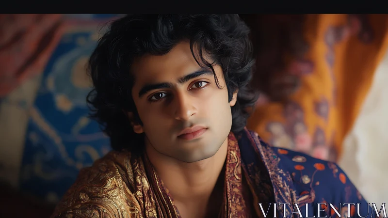 Soft-lit portrait of young man in ornate patterned textiles