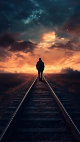 Cinematic digital painting of lone traveler on sunset rails.