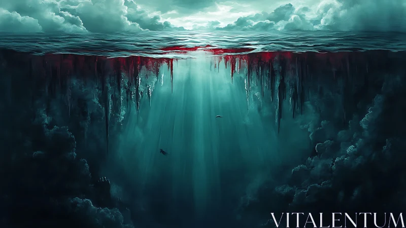 Dramatic ocean abyss with blood red surface fracture.