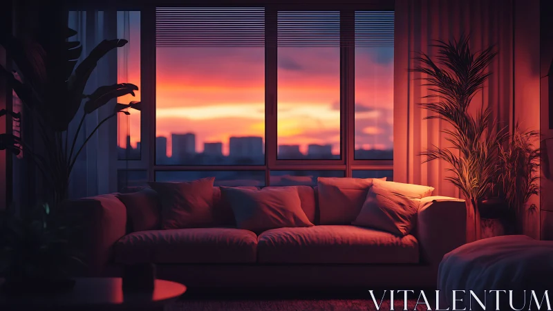 Interior sofa scene faces sunset-lit city skyline