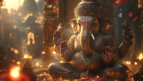 Ornate Ganesha idol amid glowing temple firelight ambiance.