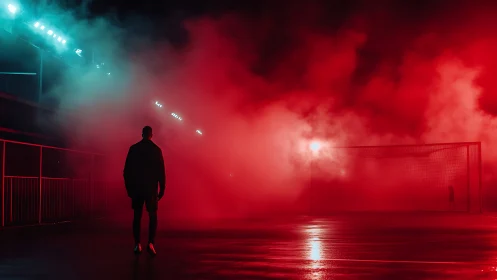 Backlit football silhouettes in red atmospheric stadium haze.