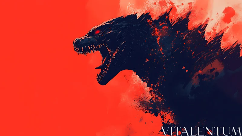 Digital painting of roaring kaiju silhouette on red ground.