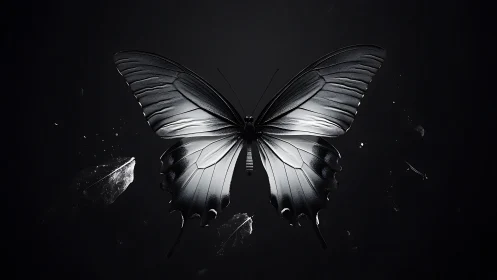 Monochrome butterfly rendered in high contrast on dark background