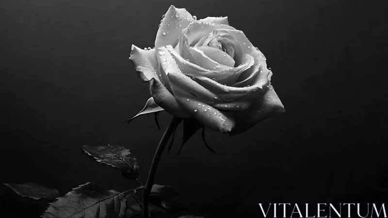 Dew-kissed rose glows softly in moody black and white light