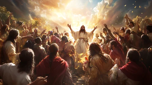 Central robed figure stands elevated amid crowd in radiant light