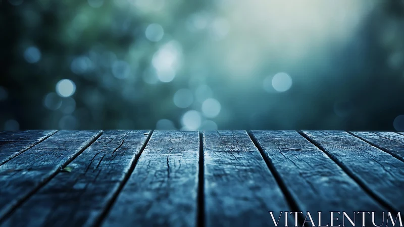 Weathered Wooden Table with Blue Tones and Abstract Nature Background.
