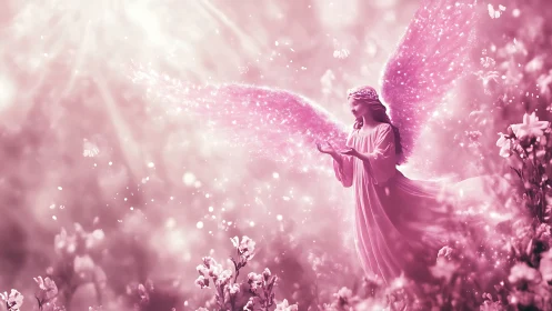 Rosewing guardian drifts through a glowing celestial garden.