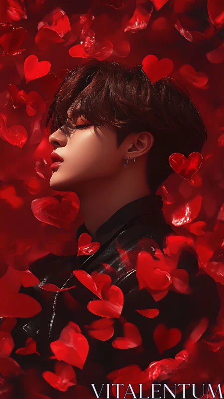 Digital portrait in red heart bokeh with cinematic side profile.