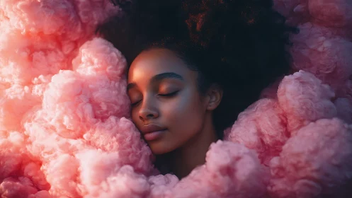 Portrait shows face framed by dense pink cloudlike material
