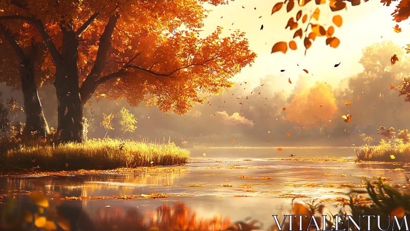 Golden autumn leaves whisper across a river of quiet light
