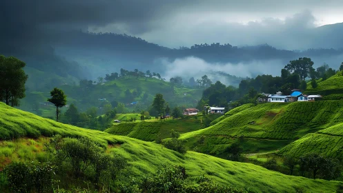 Mist-laden terraced tea plantations with hillside village dwellings