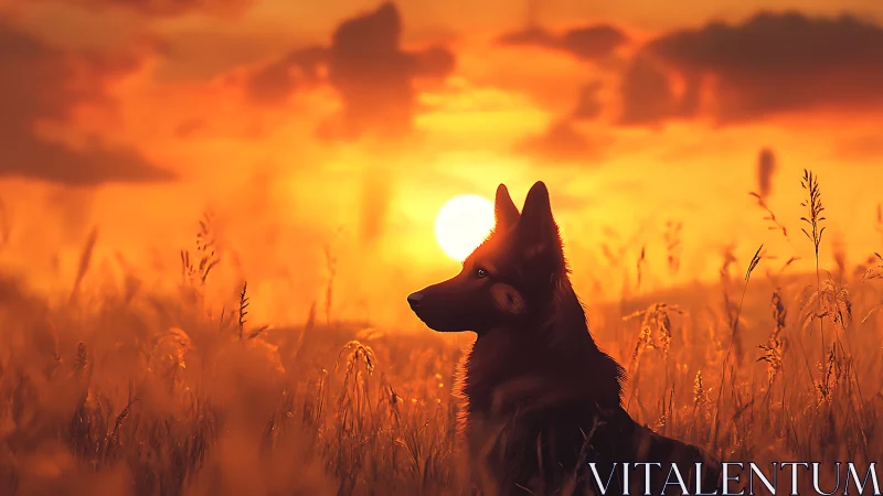 Silhouetted shepherd dog watches burning orange field sunset