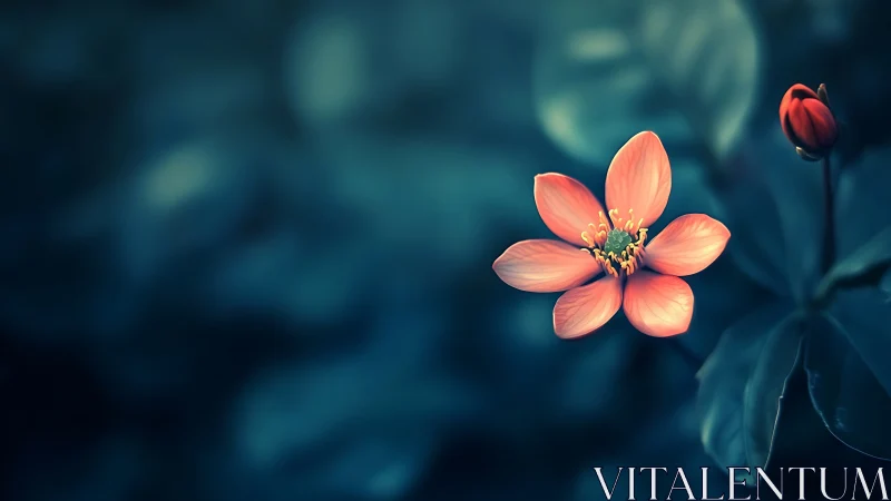 Macro study of single coral flower against deep teal bokeh field