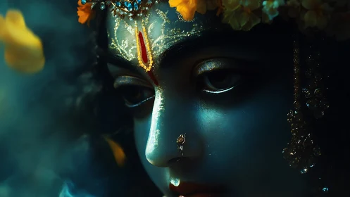 Divine blue visage rendered in cinematic chiaroscuro detail