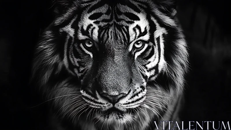 Monochrome tiger portrait isolates intense gaze in dramatic chiaroscuro