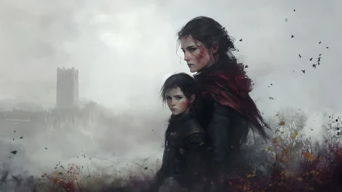 Two battle-worn siblings stand defiant in a misty war ruin