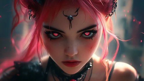 Pink-haired sorceress with glowing eyes in close portrait.