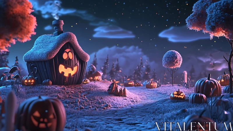Snowy pumpkin lane to a cozy, smiling haunted cottage.