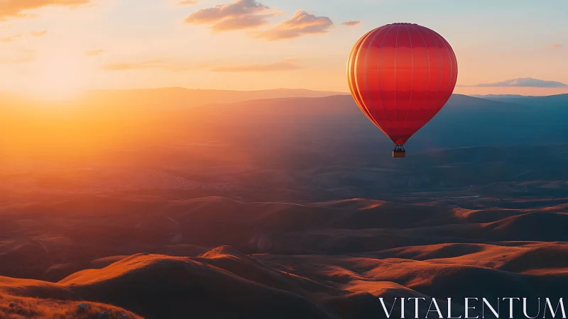 Solitary red hot air balloon over sunlit rolling hills.