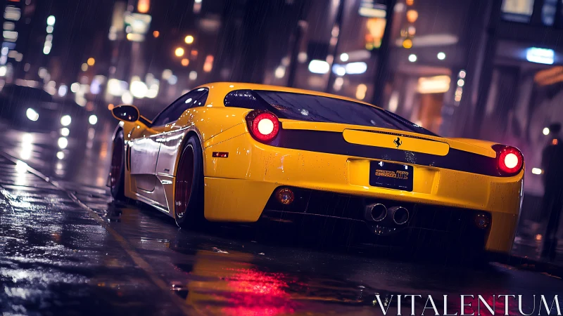 Yellow mid‑engine supercar in rain‑soaked urban night lighting