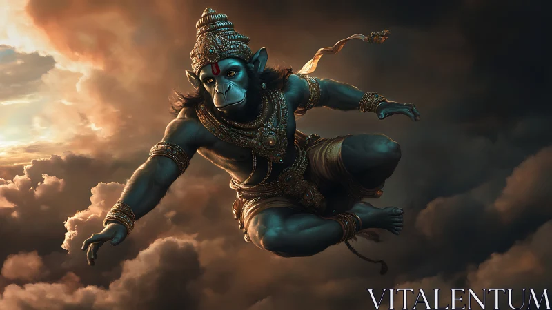 Divine simian warrior soars through storm-lit clouds.