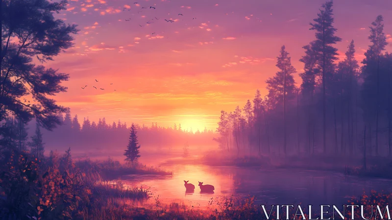 Dawnlit forest lagoon cradles two deer in rose gold hush.