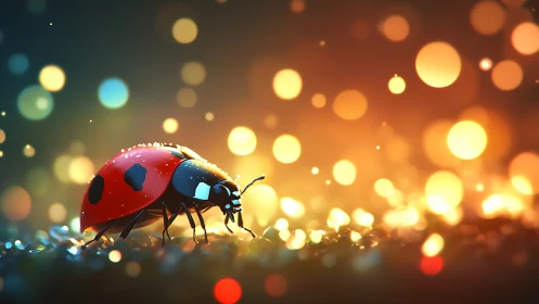 Ladybug illuminated by vivid bokeh in evening glow.