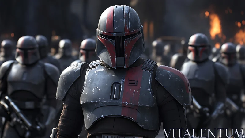 Armored sci fi soldier leads elite squad through burning battlefield.