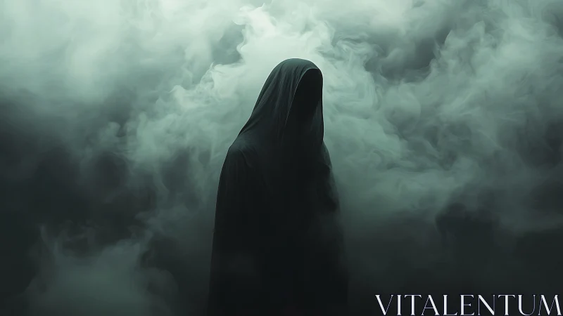 Mysterious hooded figure emerging through swirling fog.