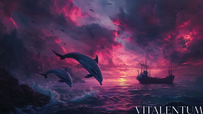 Dolphins leap before stormlit ship under vivid magenta sunset
