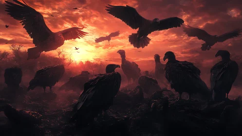 Vultures gather over burning red sunset carrion field.
