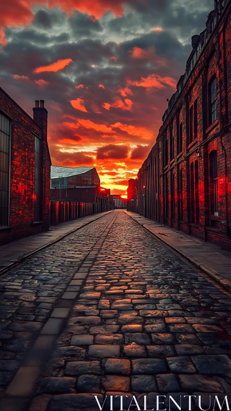 Fiery sunset ignites a moody cobblestone industrial street