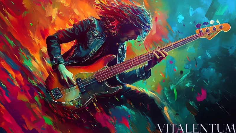 Electric bass guitarist with abstract colorful background.