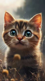 Wide eyed tabby kitten portrait in soft outdoor light.