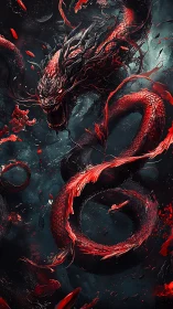 Serpentine dragon form occupies a vertical, debris-filled space