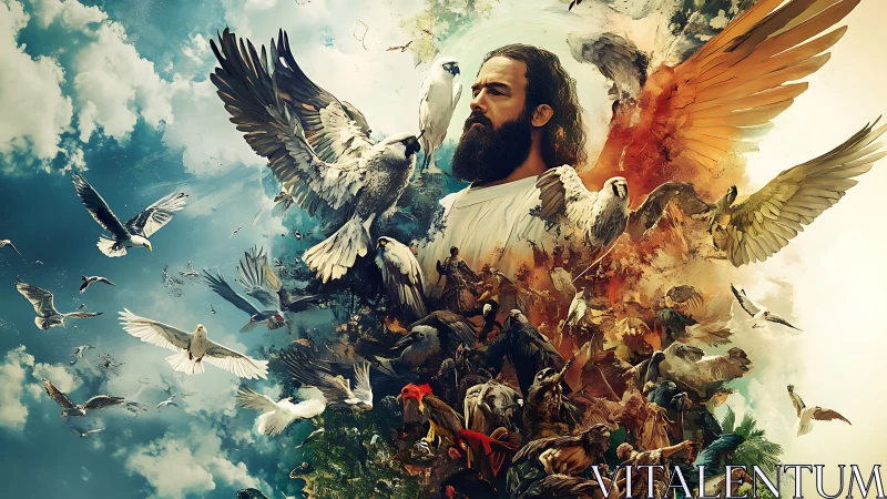 Avian vortex encircling stoic figure in bifurcated skyscape.