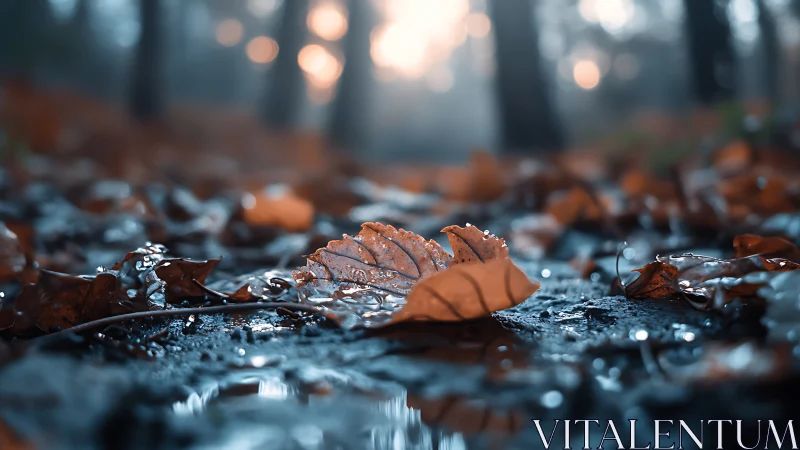 Soft morning light settles gently on dew kissed autumn leaves