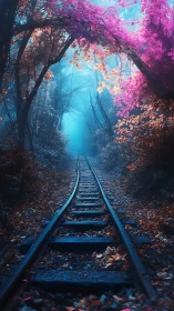 Vanishing railway under neon foliage gradients and atmospheric haze