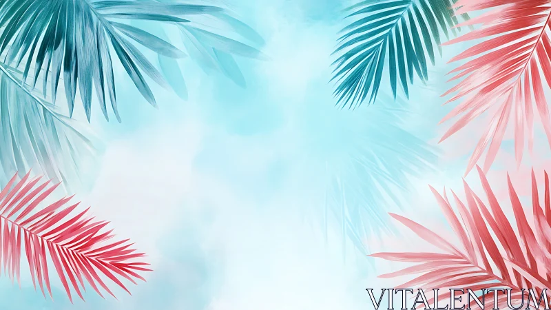 Pink and teal palm leaves framing soft blue background.