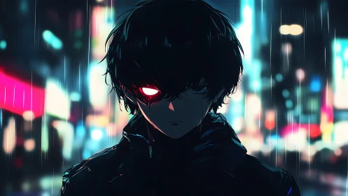 Silhouetted figure with red eye in rainy neon cityscape.