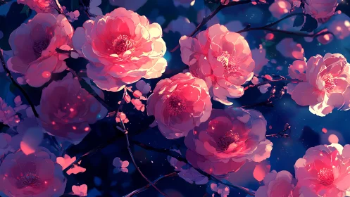 Luminescent Peonies: Digital Floral Composition with Neon Glow.