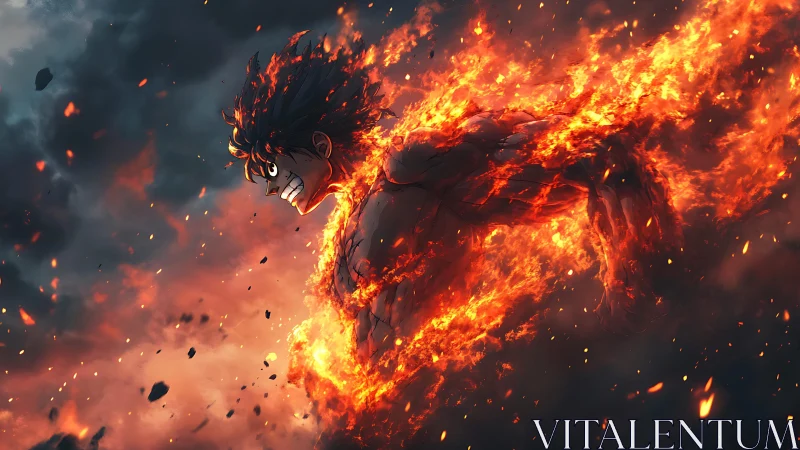 Blazing anime hero charging forward in a storm of fire.