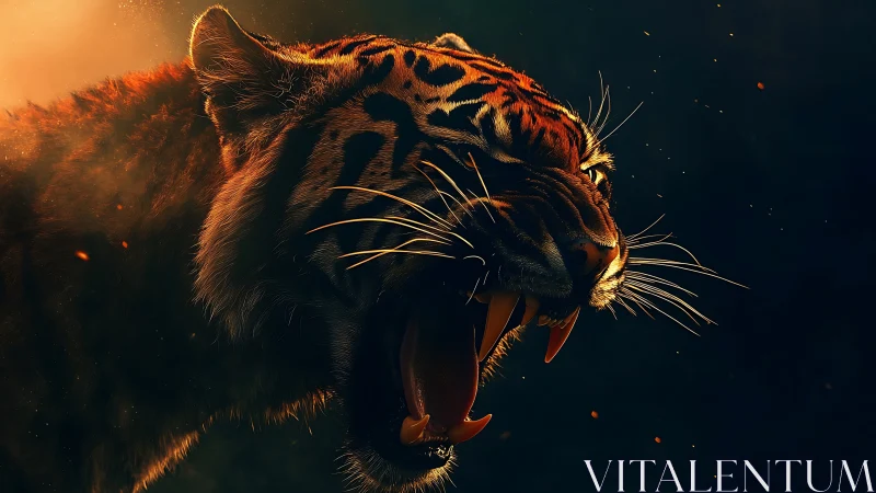 Rendered tiger head shows open jaws under directional light