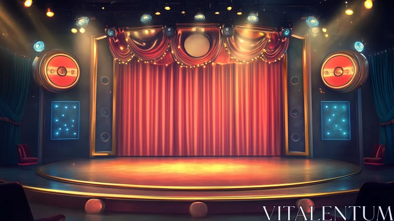 Empty circular stage under warm spotlights awaits performance