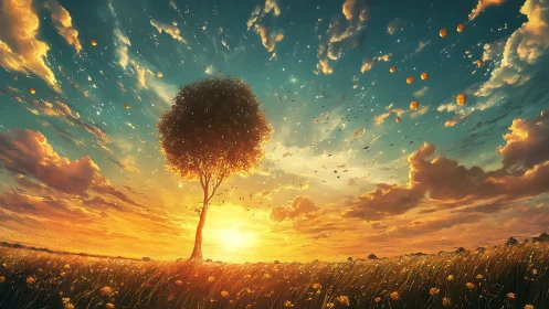 Single tree stands in glowing sunset field under vivid sky