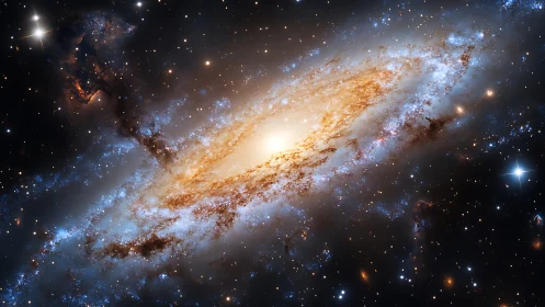 Starlit spiral galaxy swirling in golden and sapphire dust.