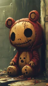 Stitched bear costume doll in decayed outdoor corner.