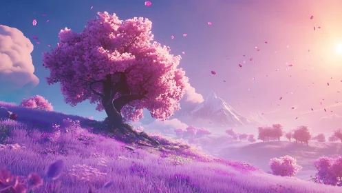 Blossoming pink tree anchors a luminous fantasy valley landscape